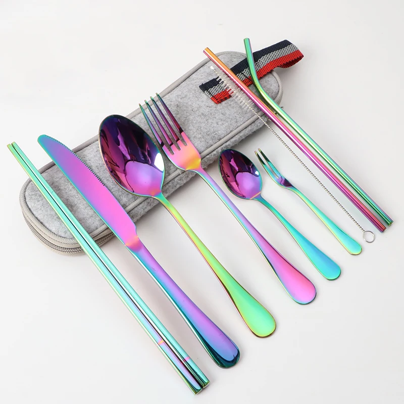 9pcs Chopstick Utensil Set Fork Knife Spoon Straw Reusable Stainless Steel Cutlery Set with travel bag