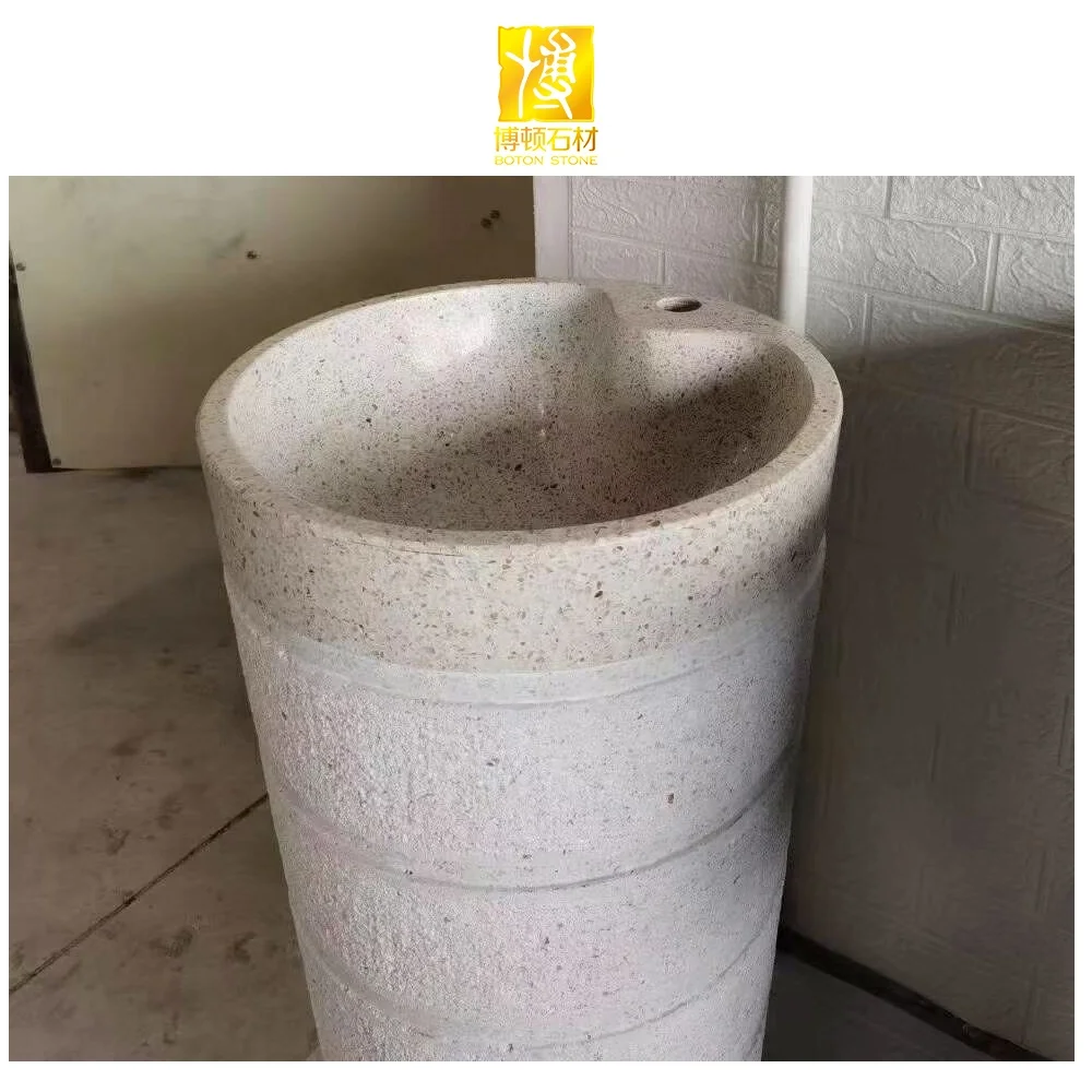 BOTON STONE Customized White Freestanding Hand Wash Basin One Piece Single Hole Bathroom Pedestal Sink