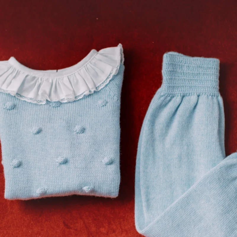 Light Blue Baby Set for Girls Cotton Knitted Infant Girls Sets Fashion Knitwear Newborn Boy Clothes Knitting Brand Clothing 2024