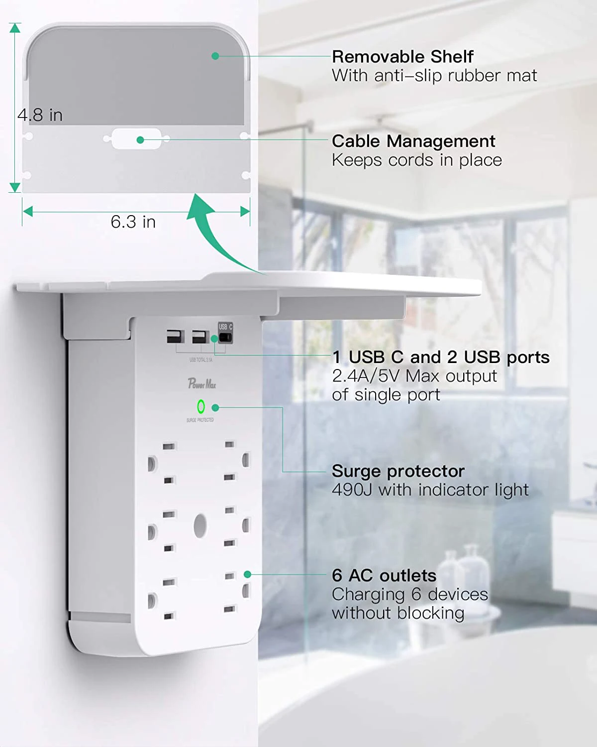Wholesale Price Surge Protector Power Strip Wall US Plug Charging Station 6 Outlets 3 USB Wall Charging Phone Holder