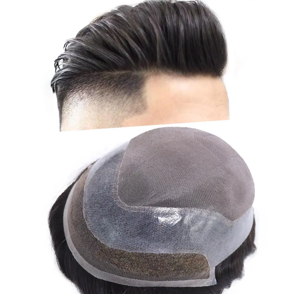 Fine Mono Top with Pu Skin Mens Hair Piece Replacement System Human Hair Toupee for Black Men Front Lace