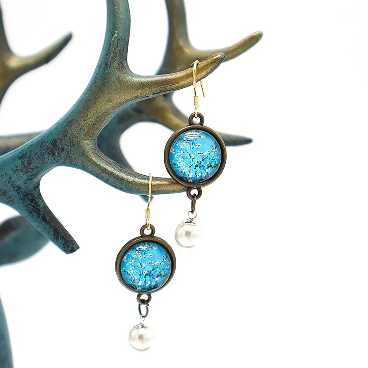 High Quality Abstract Geometric Pattern Bohemian Style Colorful Shiny Glass Hook Earrings With Pearl