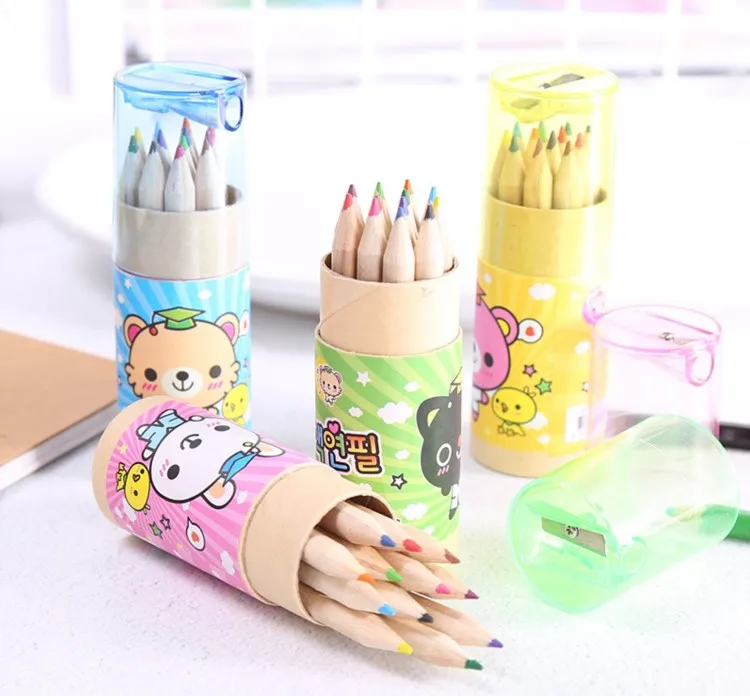 high quality 12pc color pencil with paper tub and pencil sharpener from china