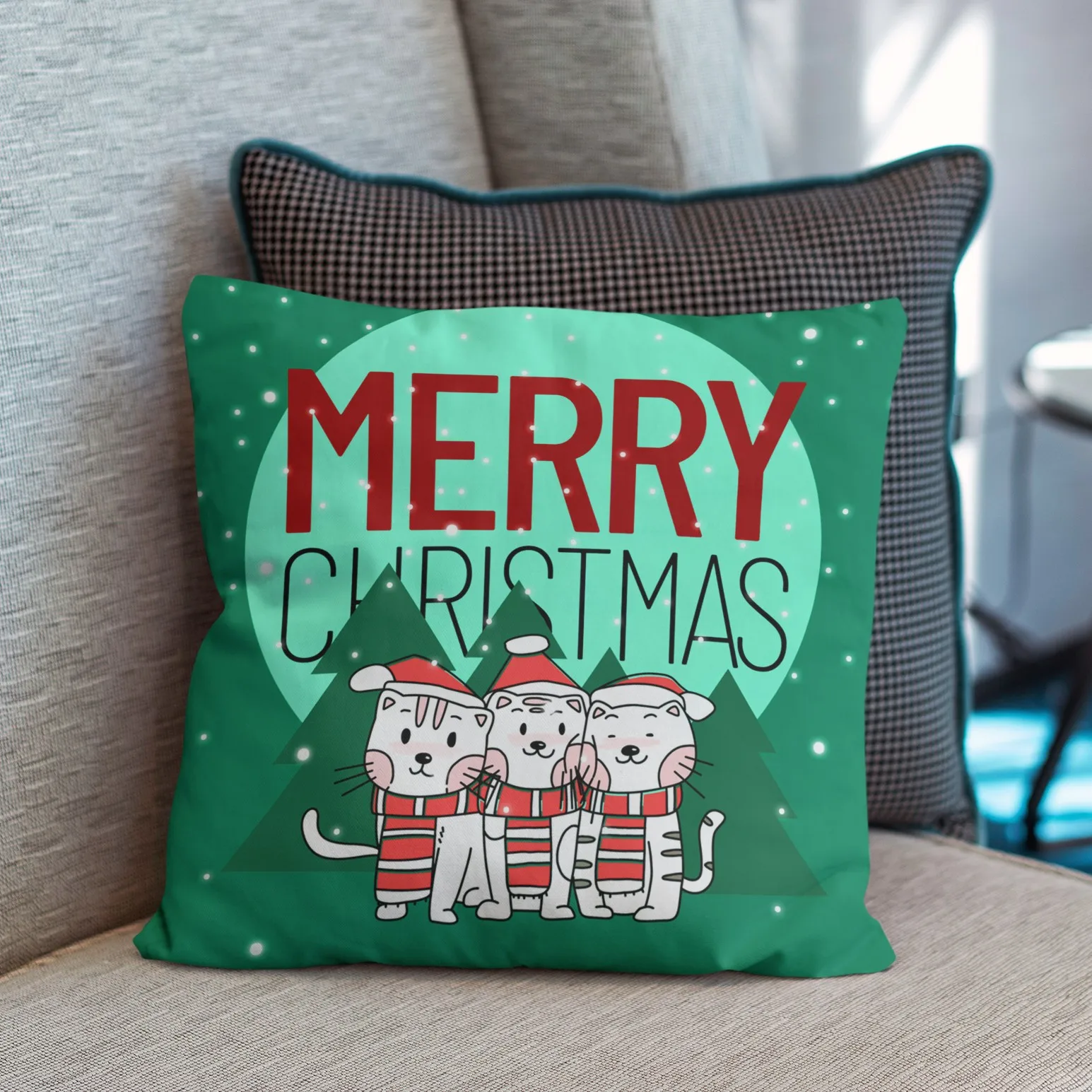 Christmas green snowman elk print pillow, living room sofa soft waterproof pillowcase,sublimated blank silk letter cushion cover