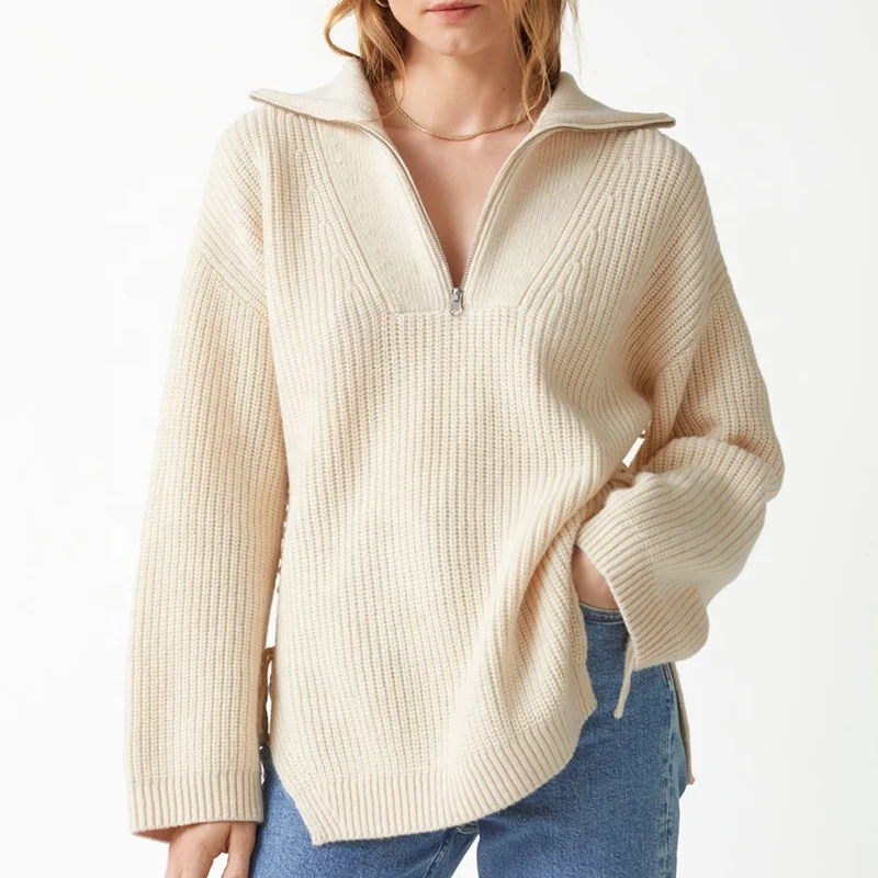 2022 Factory wholesale custom zipper stand collar women knit pullover merino wool sweater
