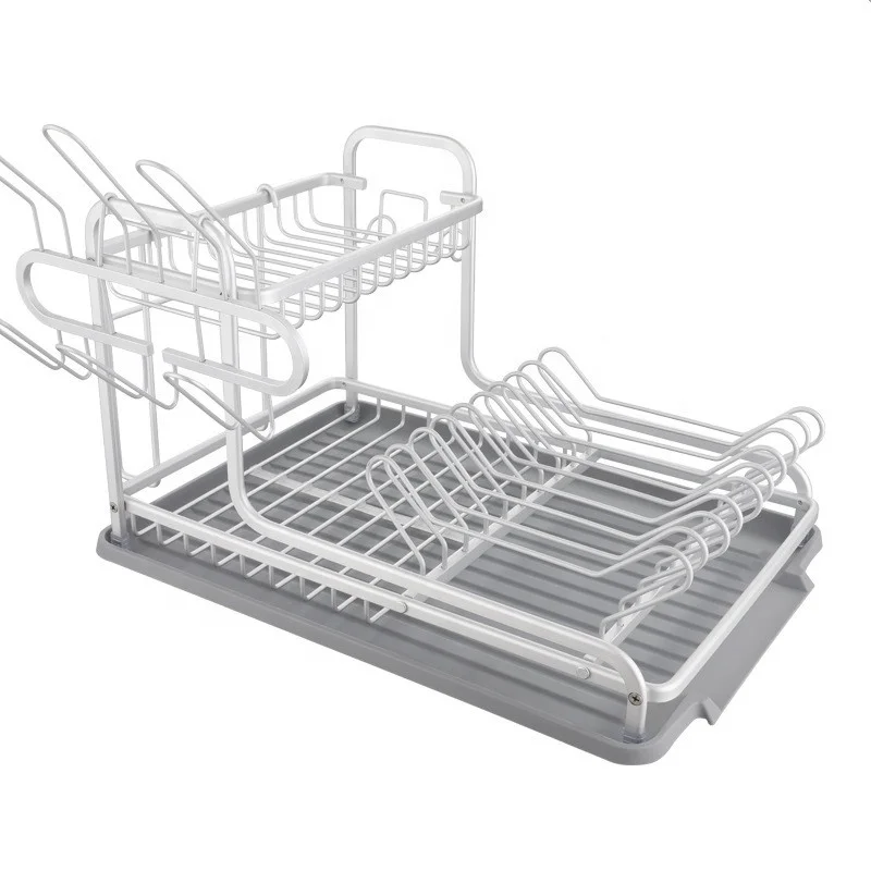 Kitchen  2 Tier With Removable Drip Tray Aluminium Dish Drying Rack and Cutlery Stand