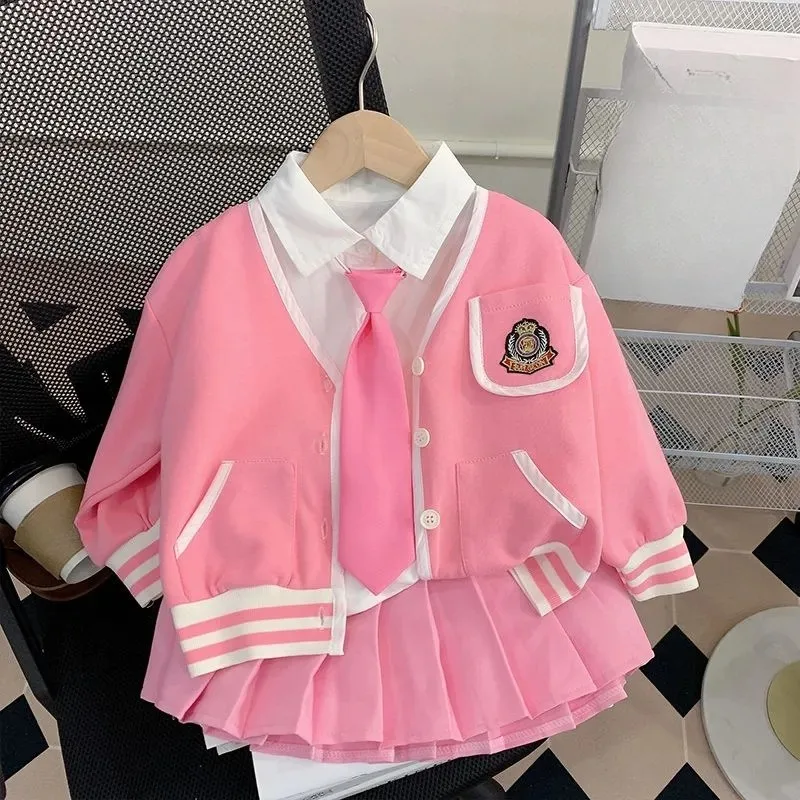 New Preppy Style Spring Autumn Children Dress Suit Shirt+Jacket+Skirt 3pcs Teenagers Girl Clothing Set