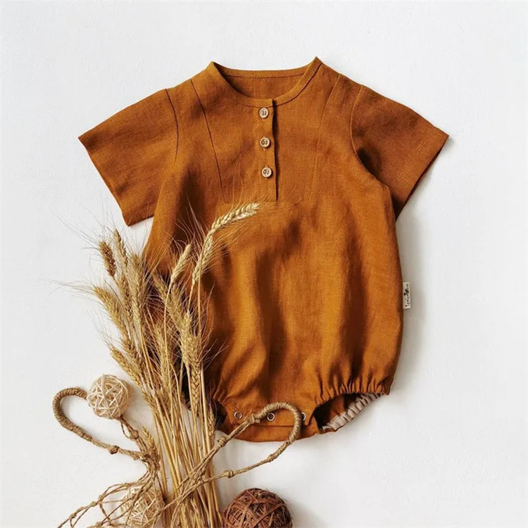 Summer blast linen comfortable breathable Kids Jumpsuit triangle bag butt button neck short sleeve  baby romper