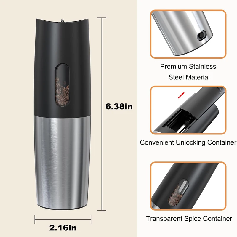 Unit-Charging Gravity Automatic Pepper Mill Electric Salt and Pepper Grinder Set with USB Rechargeable Charging Base LED Light