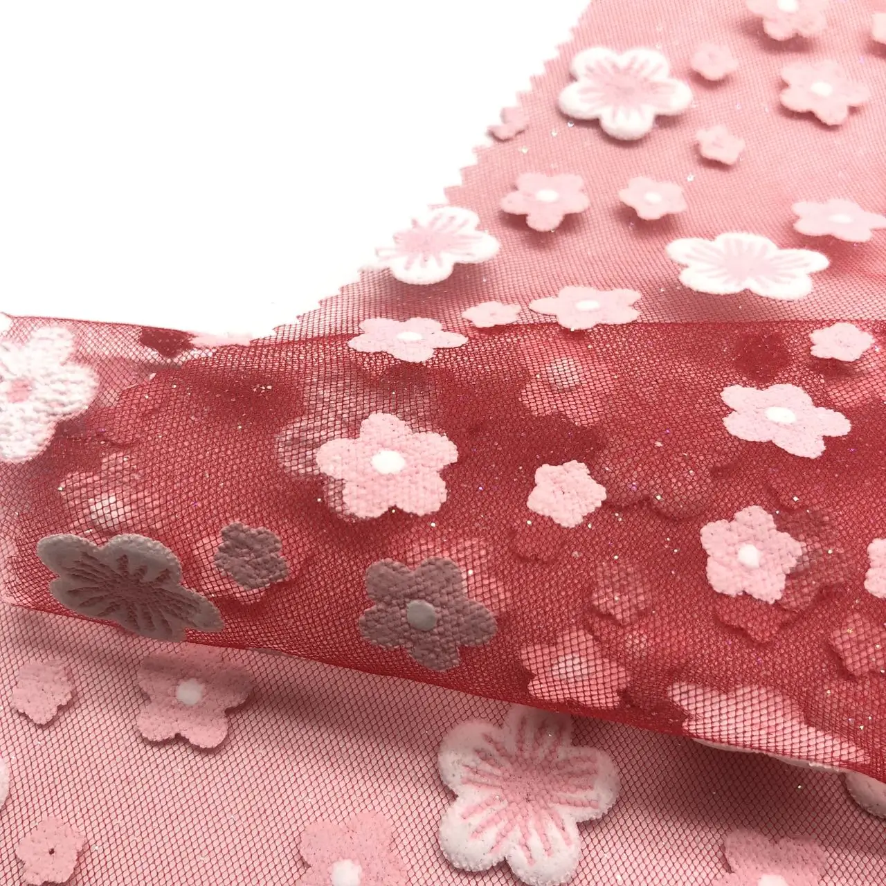 hot sale red tulle mesh 100 nylon flower puff print foam printing glitter blingbling shine tulle fabric for clothing dress