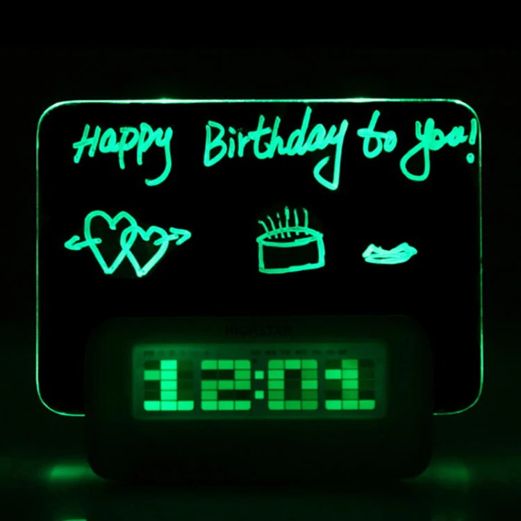 LED Green Blue Fluorescent Calendar Night Light Message Board Digital Alarm Clock