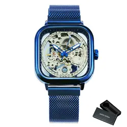 WINNER Official Blue Mens Watches Top Brand Luxury Automatic Mechanical Watch Men Carved Magnet Mesh Strap Skeleton Wristwatch