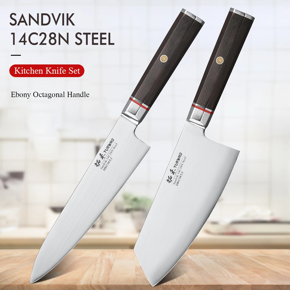 SALE 2 PCS High Quality Sandvik 14C28N carbon steel Handmade Ebony wood Octagonal Handle Kitchen Knife Set