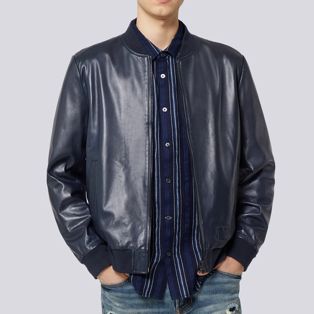Hot Sale Leather Fabric Intentional Throughout Navy Blue Jacket Zip Up Leather Jacket for Men