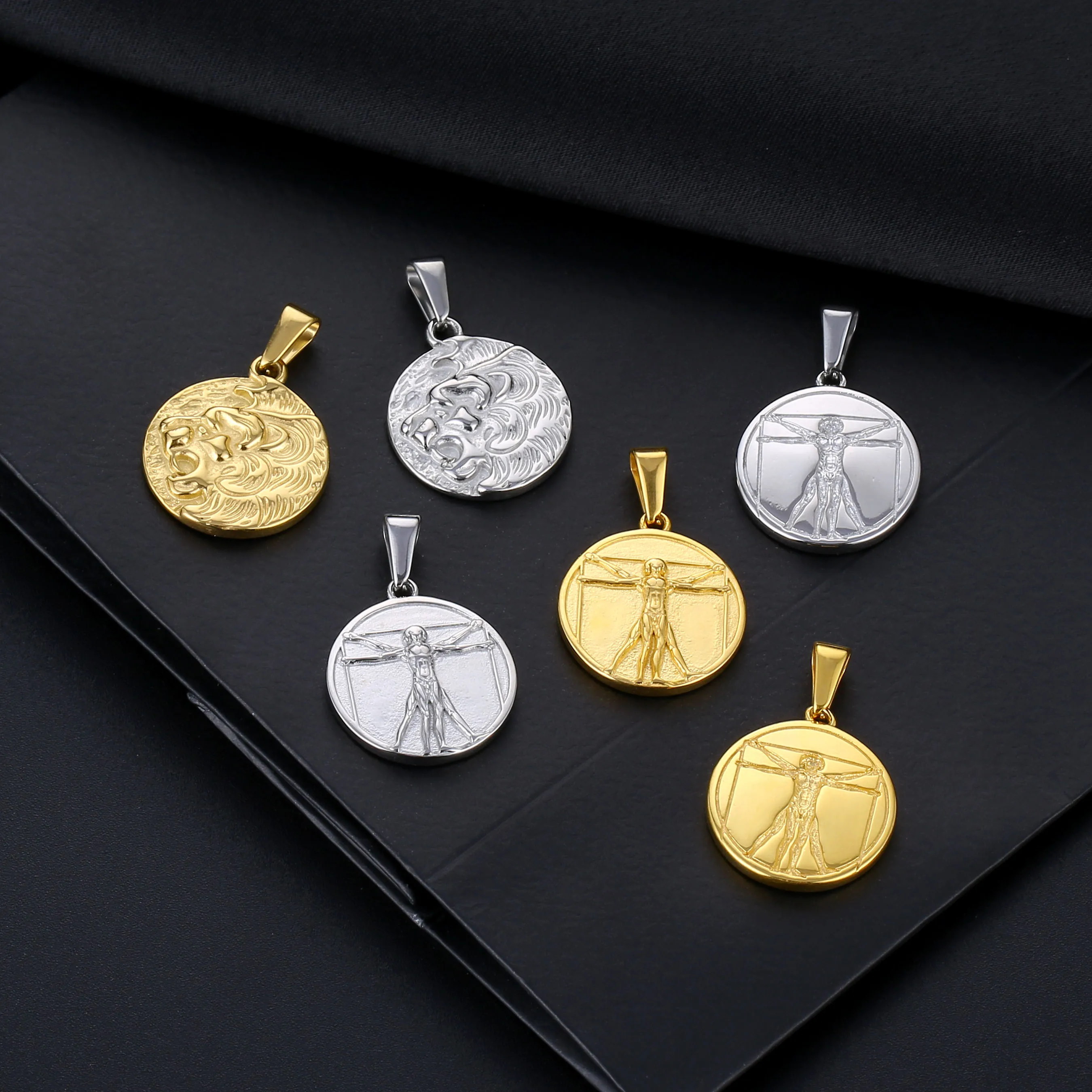 Fashion Jewelry Stainless Steel Silver Vitruvian Pendant Ancient Greek Mythology Roman Coin Da Vinci Vitruvian Charms Necklace