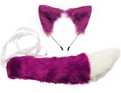 Handmade Fox Wolf Ears Headband and Faux Fur Tail for Halloween Cosplay Party Costume Accessories
