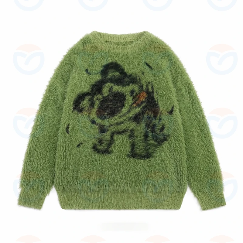 Custom OEM/ODM Logo Knitting Jacquard Fuzzy  knitted jumper custom mohair knitwear Wool custom crewneck Sweater  for Men