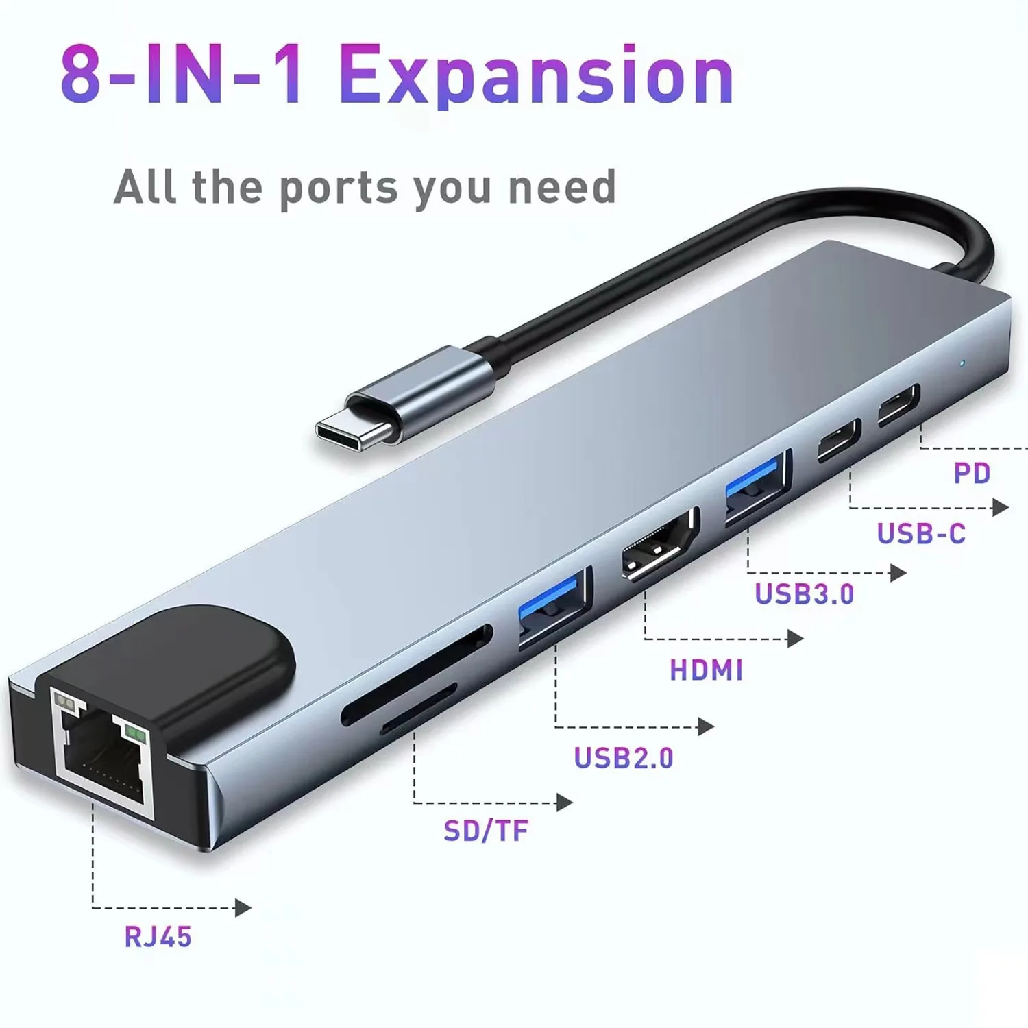 Eight-in-One Type-C USB-C Docking Station HDMI Network RJ45 SD Converter Hub 4K Card Reader Adapter PD ABS USB 3.0 Stock