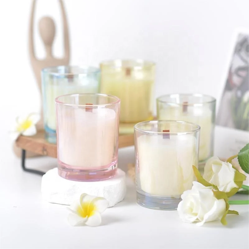 2024 New Design Wood Wick Luxury Clear Iridescent Electroplate Glass Scented Candle