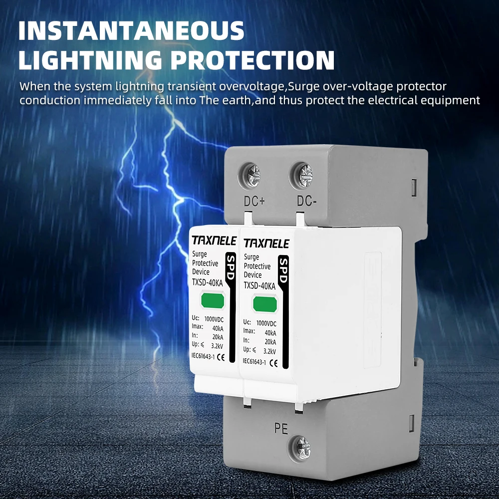 DC SPD Surge Protective Device 600V 800V 1000V 2P 20KA 40KA 60KA Voltage Protector Solar PV Photovoltaic Lightning Arrester