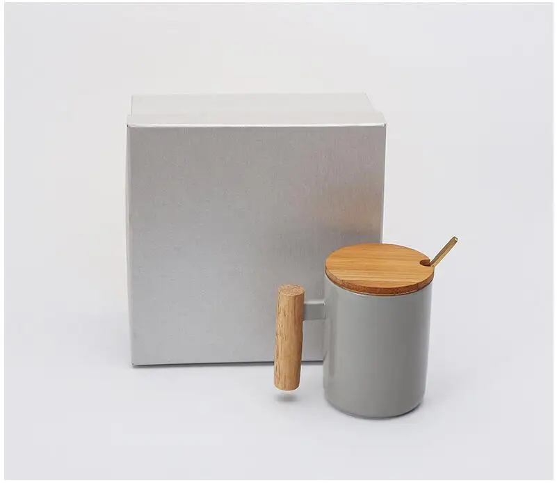 gift box packaging bamboo lid wooden handle ceramic coffee mugs porcelain mug with lid and spoon
