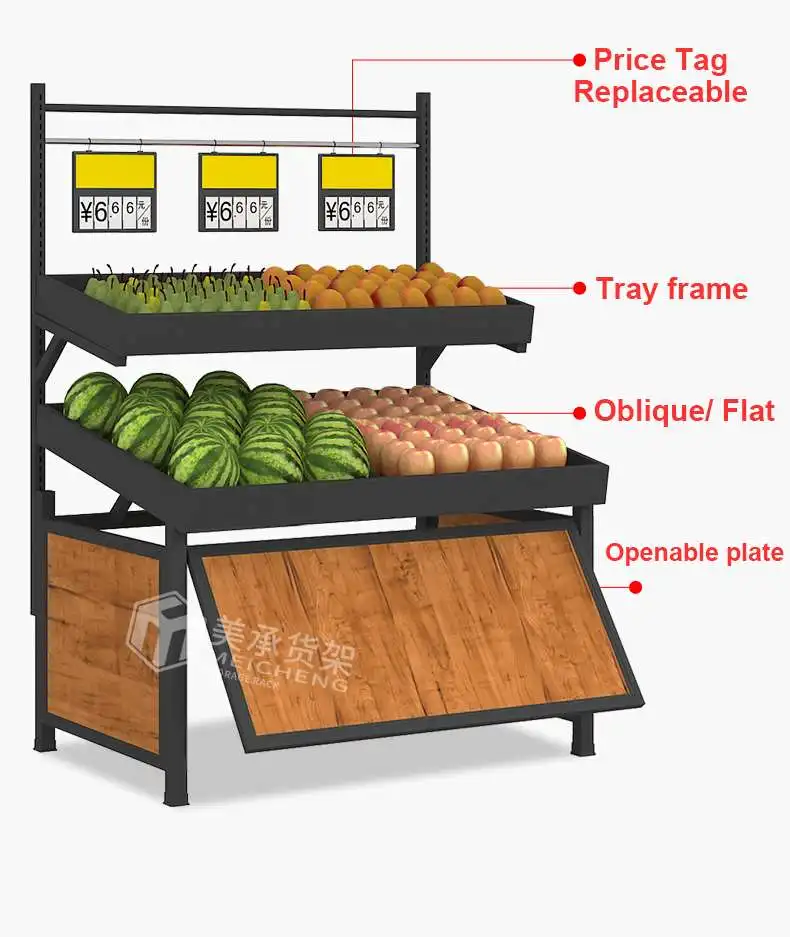 Meicheng Shop Racks Wooden Vegetable Stand Supermarket Steel Wood Fruit Vegetable Display Stand