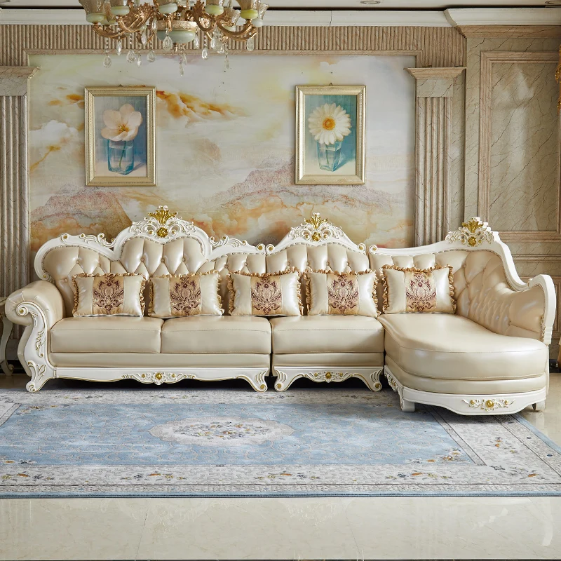 Can be a full set with European furniture combination solid wood carving frame leather sofa set