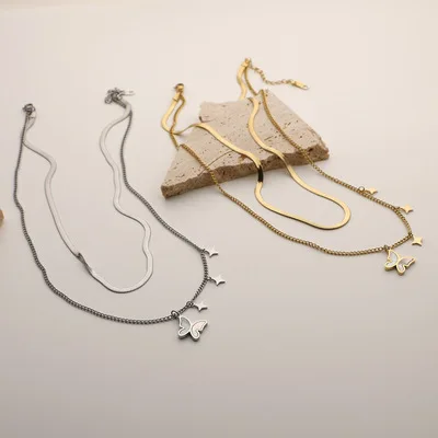 Простые Модные женские туфли в стиле 14 карат, позолоченный кулон в виде бабочки с двойным слоем нержавеющей стали ожерелье