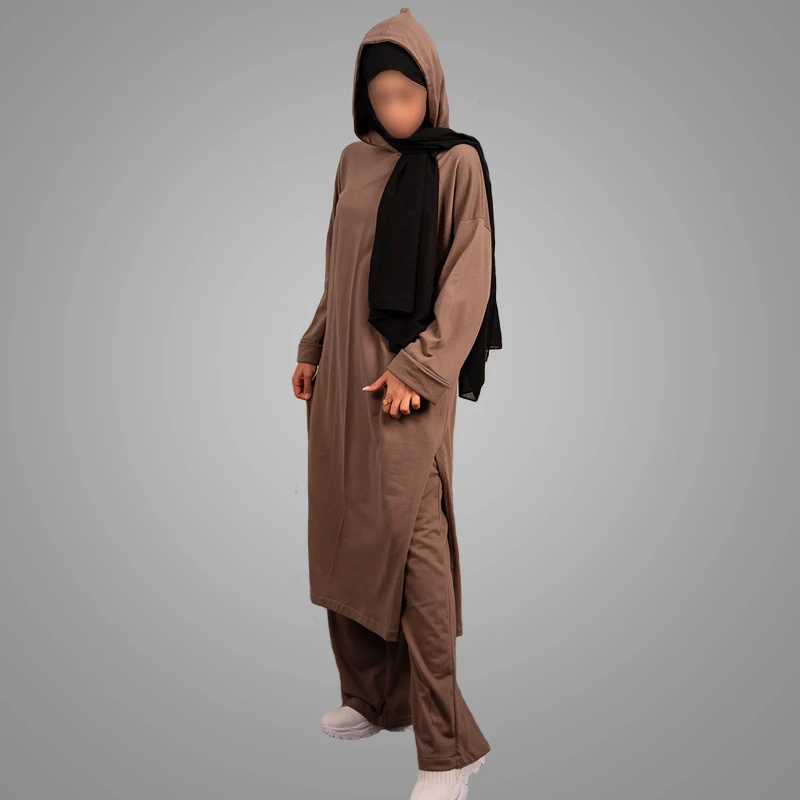 Newest Muslim Women Hoody Abaya Dress 2-Piece Set Basic Top With Pants Everyday Tunic Islamic Clothing Lady Blouse