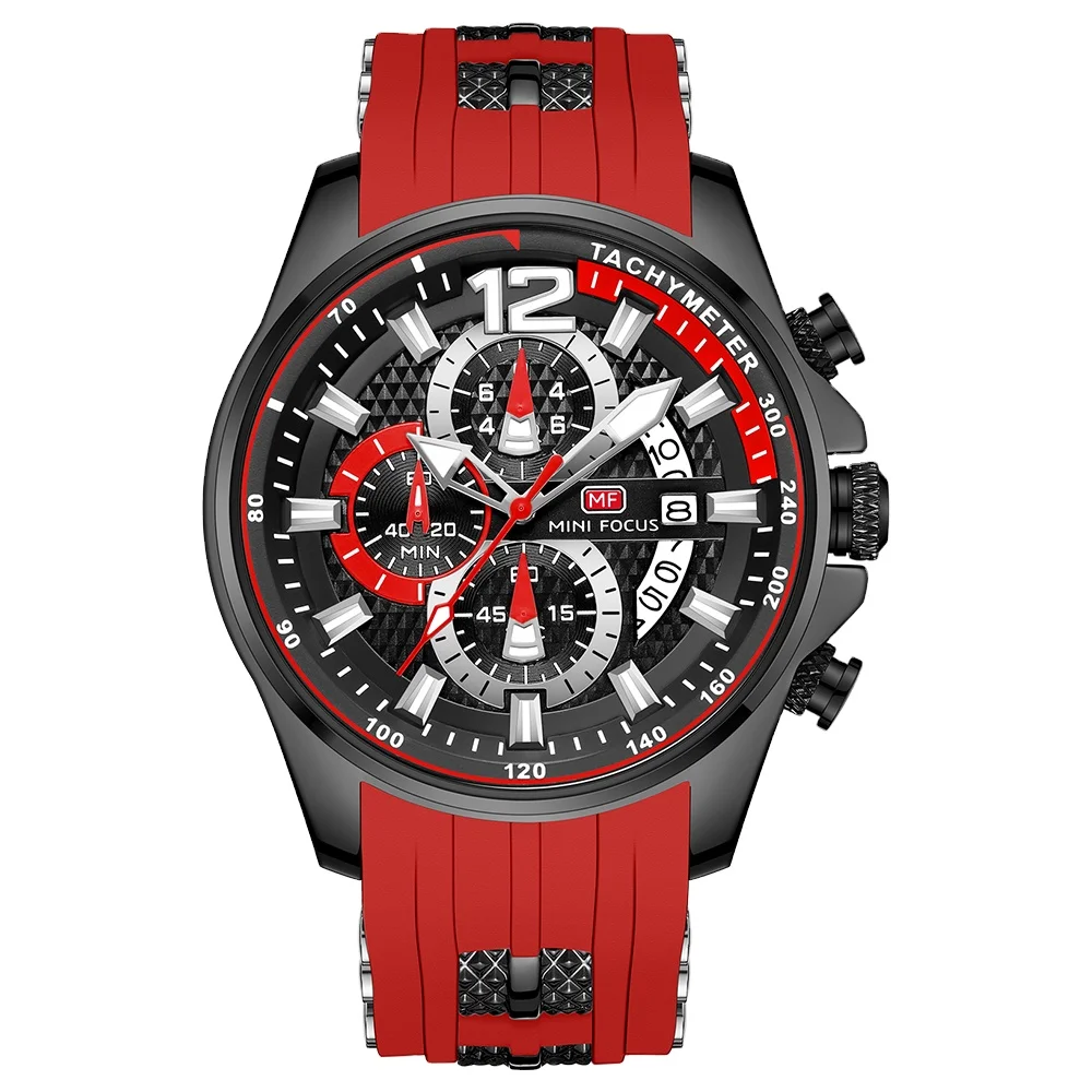 MINI FOCUS 0350 Fashion Watches  Men Top Brand Luxury Quartz Waterproof Sports Wristwatches Relogio Masculino Red Silicone Strap