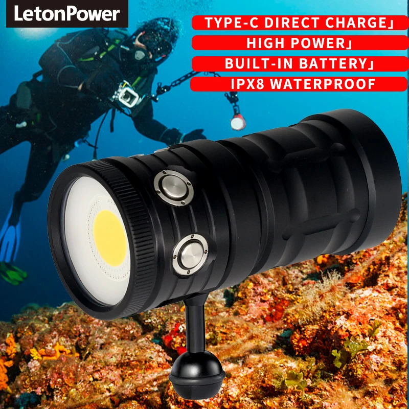10000 Lumen Diving Light Type-C rechargeable diving flashlight Suitable for underwater diving adventures