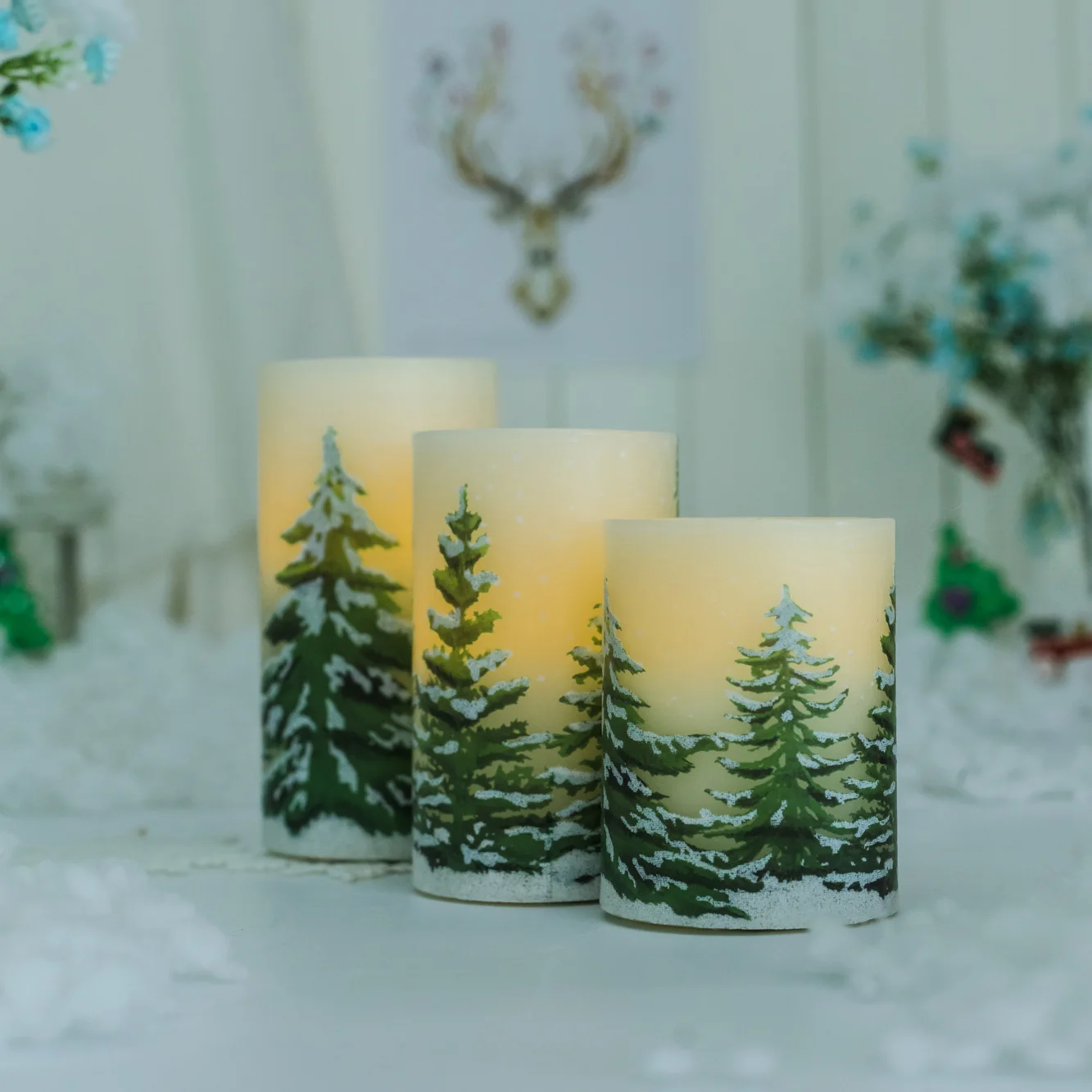 Senmasine Remote Control Flickering Wick Real Pillar Wax Led Glitter Christmas Tree Decal Battery Operated Flameless Candles