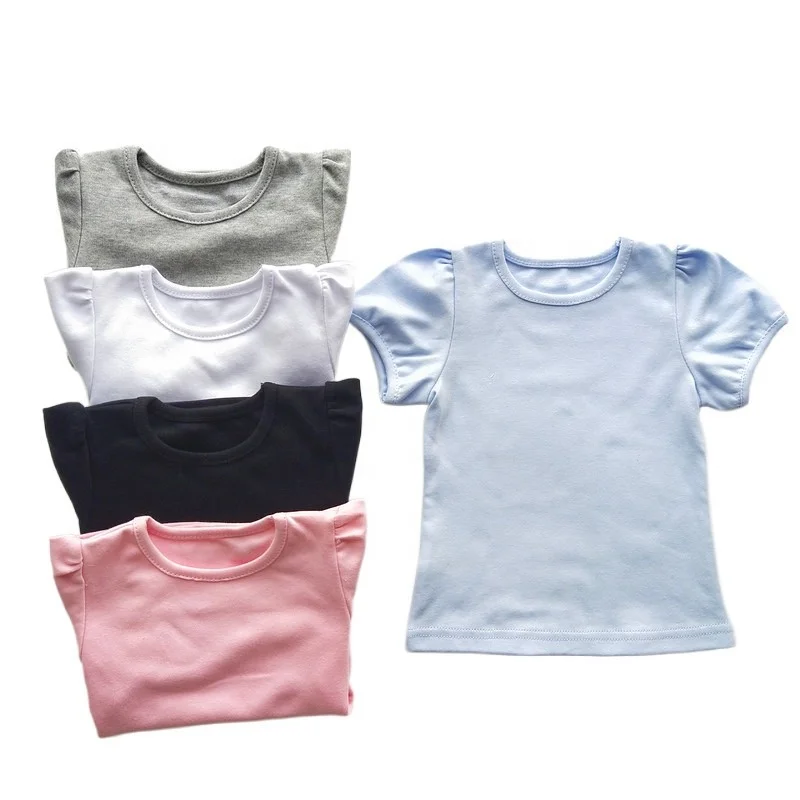Custom girls blank t shirts kids baby girl clothes summer top tees toddler tshirts puff sleeves white t shirts 100% cotton