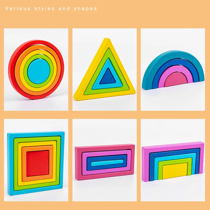 Kids wooden Montessori fidget toys Building blocks toddler art geometric creative jigsaw rainbow Rainbow Nesting Stacking toys