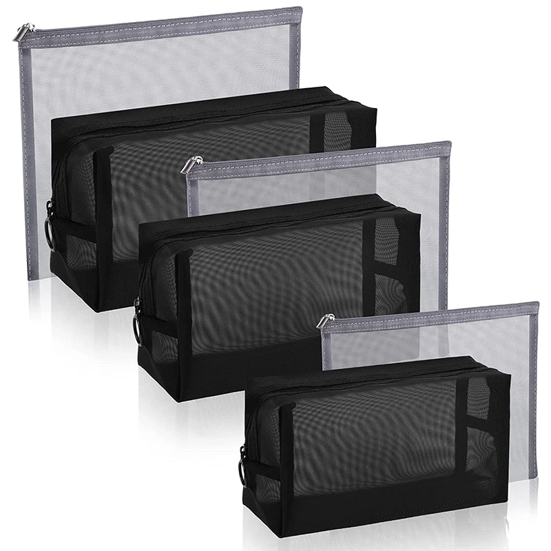 6 Pieces Set Portable Travel Makeup Toiletry Bag Zipper Pink Mesh Cosmetic Pouch