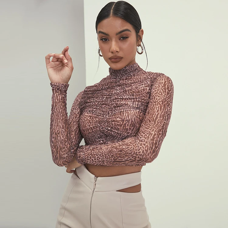 Женский топ с леопардовым принтом, укороченная футболка с длинным рукавом и высоким воротником, большие размеры, осень 2021