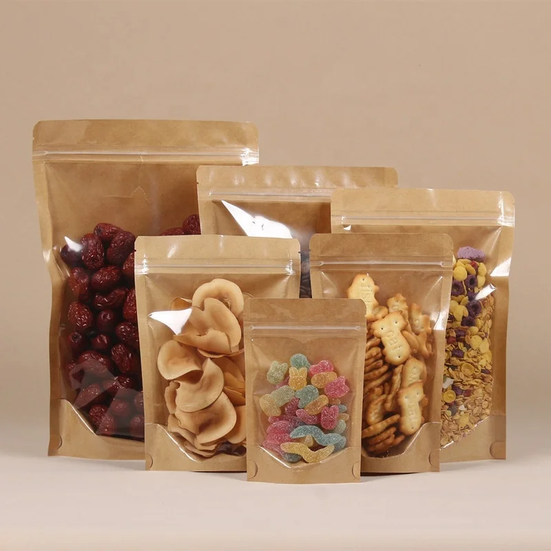 One Side Clear Transparent Kraft Paper Ziplock Stand Up Paper Pouch With Zipper Dried Fruit Tea Food Bag Yellow Yin Yang Bag