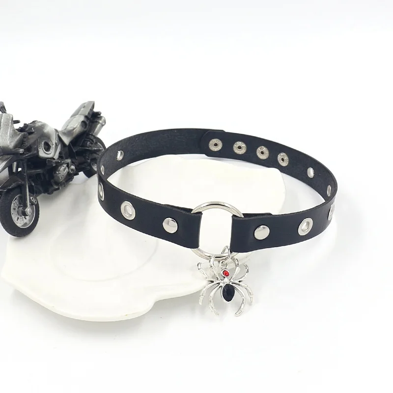 Halloween Jewelry Belt Choker Collar with Diamond Spider Pendant Neckchain Leather Neck Accessories