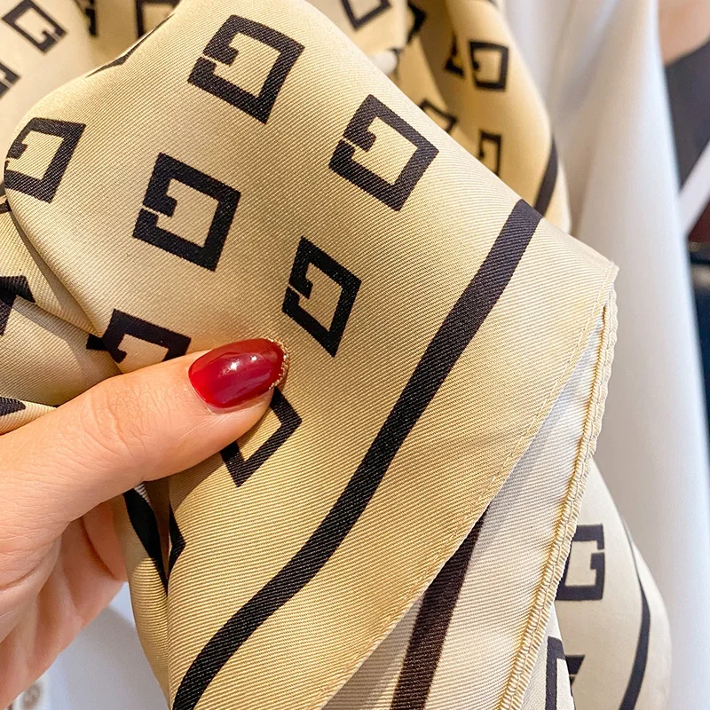 Custom Design Printing Silk Twillies Women Polyester Ribbon Hair Head Scarves Check Twill Scarf Square