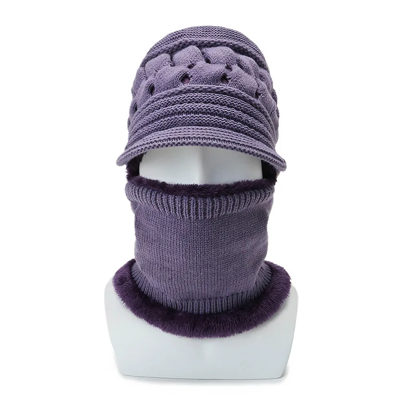 Men Bib Integrated Windproof Winter Hat Full Face Hood Visor Skull Headgear Fleece Lined Warm Hat Scarf Two Piece Set