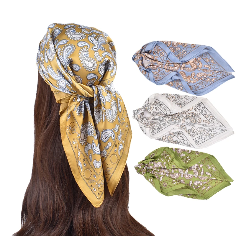 Wholesale Custom Digital Printing Square Like Silk Scarf Printed Logo Women Head Satin Scarves Cashew Flower Patter