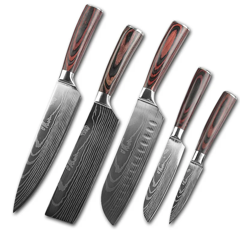 Chef knife 10 Pcs Set Kitchen Knives Laser Damascus Pattern Sharp Japanese Santoku Cleaver Slicing Utility Knife
