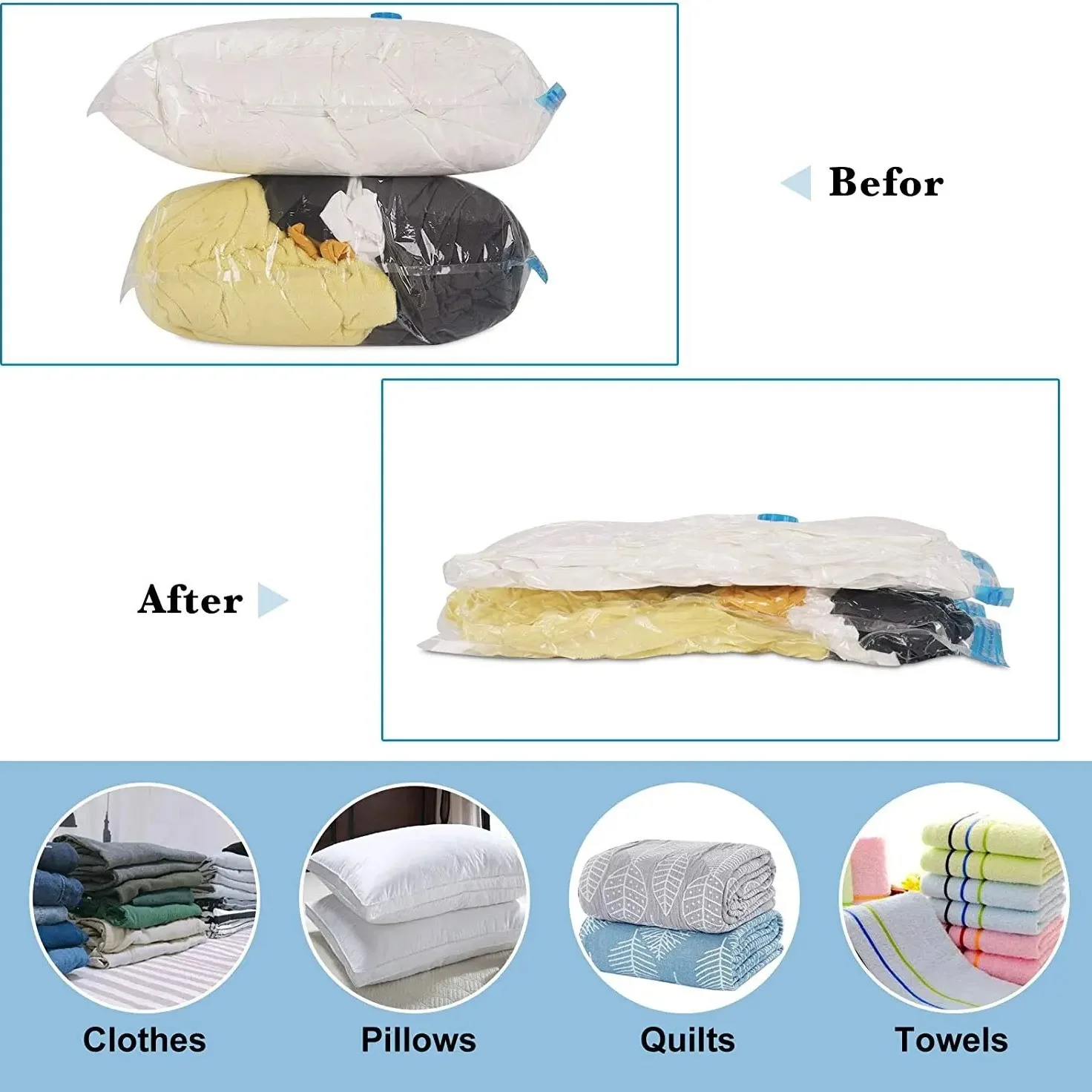 Small Vacuum Storage Space Saver Sealer Airtight Compression Bags with Hand Pump for Clothes Pillows Comforters Blankets Bedding