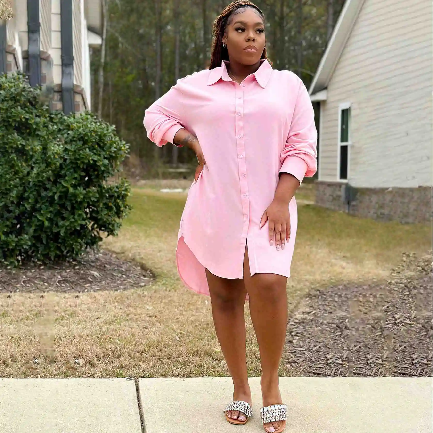 Ladies L-5XL Solid Plus Size Shirt Dress Blank White Fat Woman Long Sleeve Single Breasted Dresses Oversized Women Clothing