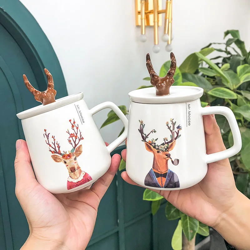 450ml Hot Ins Creative  Handmade Cute Antler Ceramic Mug Tea Cups Ceramics Porcelain Office Coffee Cup with Lid