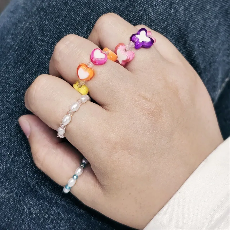 
2021 Summer Colorful Love Butterfly Ring Female Peach Heart Crystal Bead Resin Ring 
