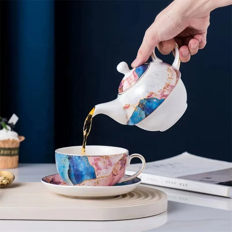 new bone china nordic stacked teapot with tea cup set ceramic watercolor teapots with stacked coffee cup dish