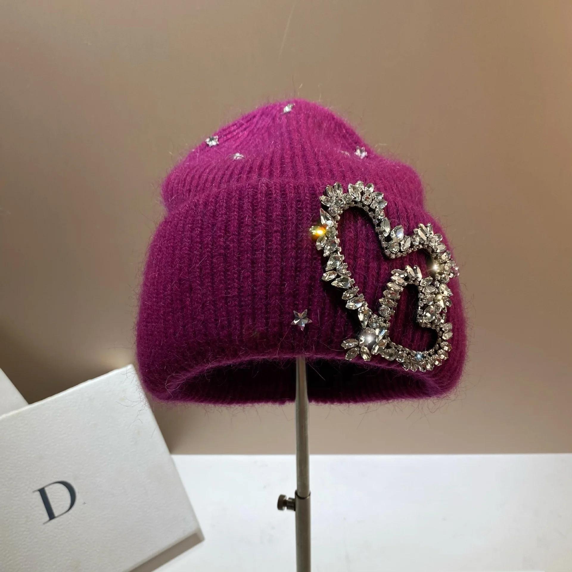 South Korea Heavy Industry Winter Outdoor Warm Ear Protection Beanies Sweet Wool Rhinestone Love Rabbit Hair Knitted Hat Cold