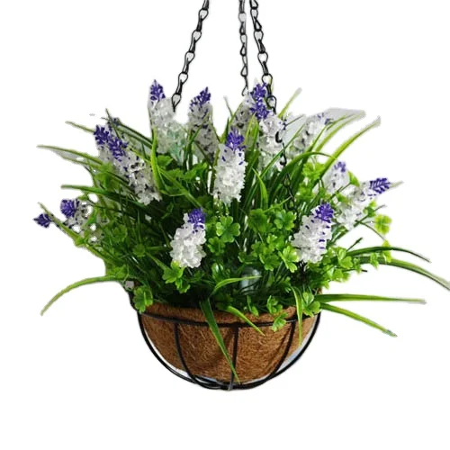 Simulation purple lavender basket with green leaves with flower pots Hanging basket with artificial lavender