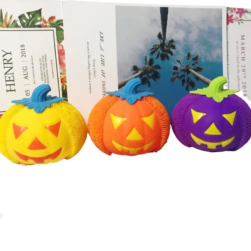 Different Color Hairy Tpr Puffer Ball Toys Squeeze Flashing Halloween Pumpkin Led Spick Puffer Ball Stress Reliever Balls Toy